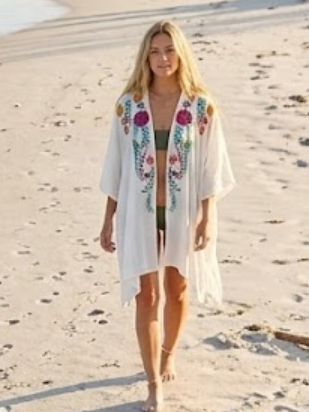 Umgee Embroidered Boho Kimono Cardigan White Floral Open Front Women SM Beachy
